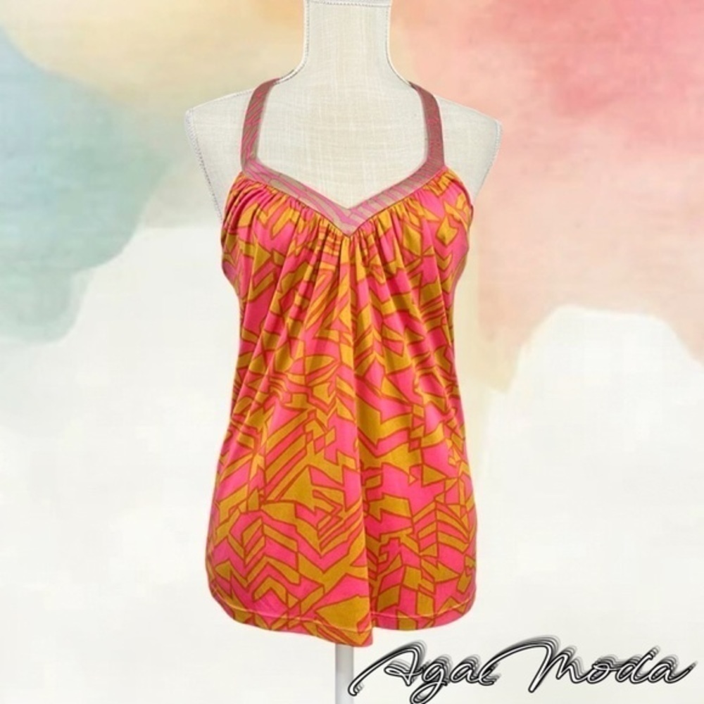 Trina Turk Silk Orange and Gold T Back Sleeves Blouse